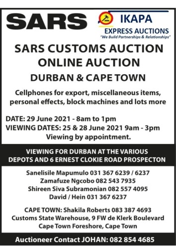 SARS CUST0MS(CAPE TOWN & KZN) IKAPA Express Auctions