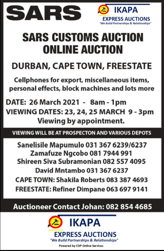 SARS CUST0MS(Durban, Western Cape & Free State) IKAPA Express Auctions (Powered by CDP Online)