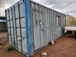 1 - ITEM Container Storage 6m with content , Furniture inside container - 2 x desks & 3 shelves,inside to be sold with the container,Condition Fair