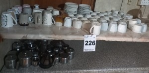 Coffee cups, saucers, sugar and milk pots, kettles