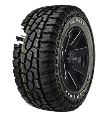 ONE SET OF TYRES: 4 GRIPMAX MUD RAGE RT MAX WITH RAISED WHITE LETTERS. GRIPMAX