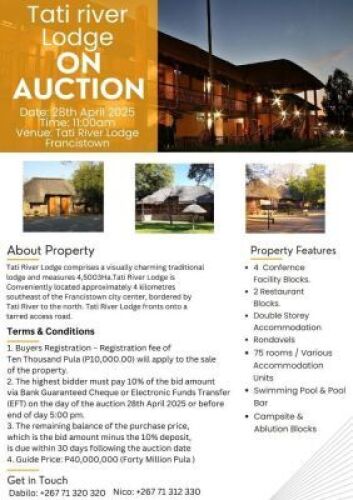LOT 1 TATI RIVER LODGE Registration Fee payable. Final Bidding Price is STC
