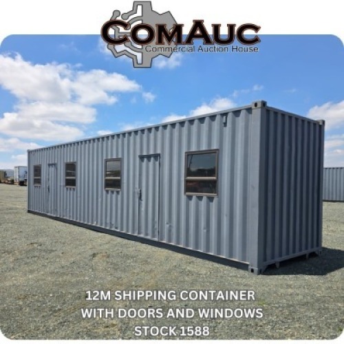 1 X 12M SHIPPING CONTAINER WITH DOORS AND WINDOWS - STOCK NR: 1588