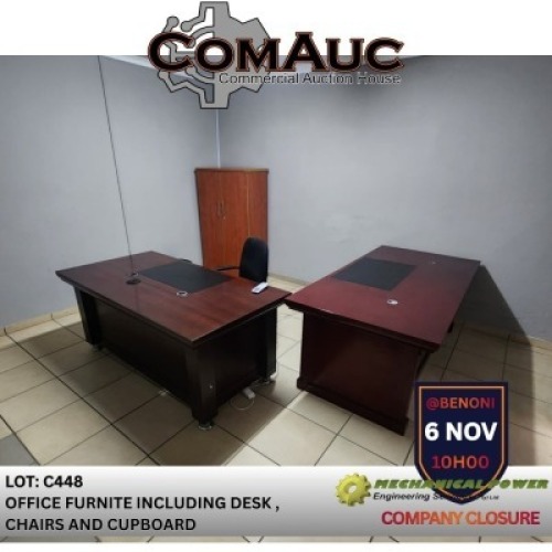 OFFICE FURNITURE INCLUDING DESK, CHAIR AND CUPBOARD (Pay per Lot)