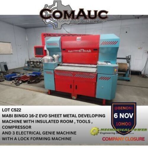 MABI BINGO 16-Z SHEET METAL DEVELOPING MACHINE WITH INSULATED ROOM, TOOLS, COMPRESSOR AND 3 ELECTRICAL GENIE MACHINE WITH A LOCK FORMING MACHINE (Pay per Lot)