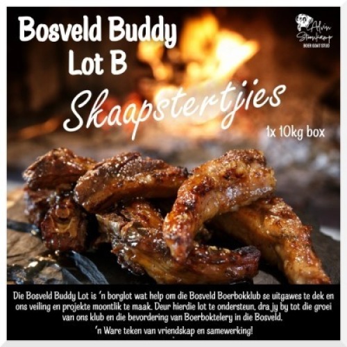 1 X 10KG BOX SKAAPSTERTJIES Skaapstertjies reg vir die rooster of pot! A taste of tradition! Sponsored by Alvin Steenkamp Boer Goat Stud