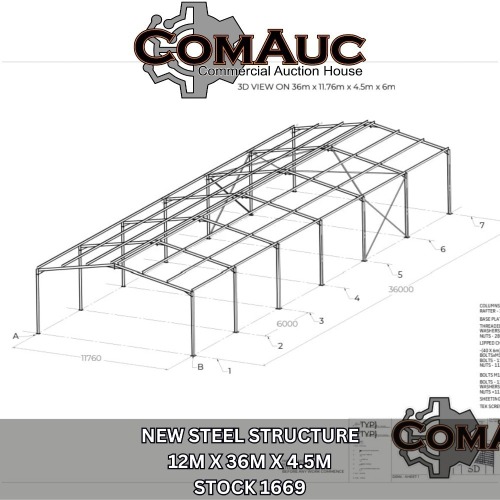 1 X NEW STEEL STRUCTURE 

12x36x4,5
14 columns 152x152 H beam
14 rafters 140x70 IPE
48 off 6m x 150x50 galv lipped channels 
All structural nuts and bolts included
Detailed erecting drawings
**TO BE ASSEMBLED STOCK NR: 1669