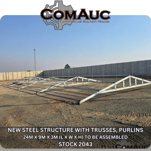 1 X NEW STEEL STRUCTURE WITH TRUSSES, PURLINS

24M X 9M X 3M (L x W x H) 
TO BE ASSEMBLED STOCK NR: 2043