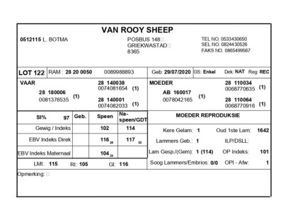 1 X VAN ROOY SKAAP RAM L. BOTMA