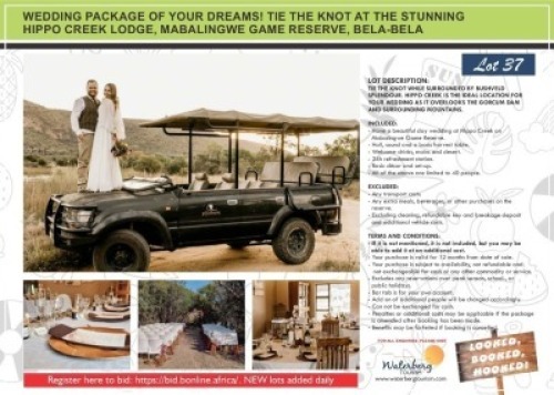 WEDDING PACKAGE OF YOUR DREAMS! TIE THE KNOT AT THE STUNNING HIPPO CREEK LODGE, MABALINGWE GAME RESERVE, BELA-BELA